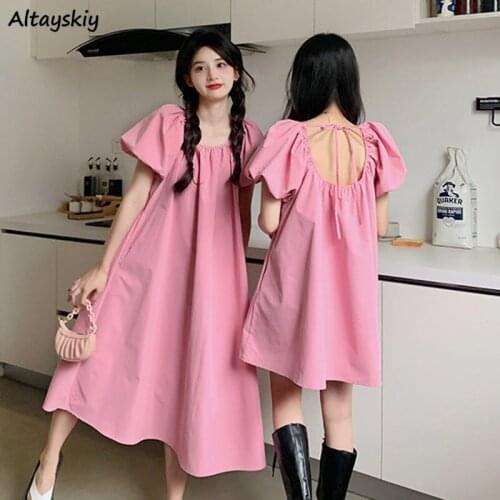 Dress Women Sweet Cute Puff Sleeve Summer Backless Sexy Fashion Korean Style Loose Solid Vestido Feminino Teen Girls Chic Simple