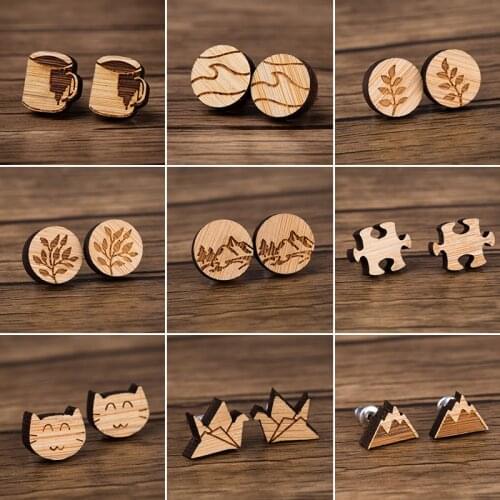 Simple Geometric Small Wood Earrings Stud for Women Fashion Jewelry Vintage Leaf Cat Cup Puzzle Earring Kids Christmas Gifts