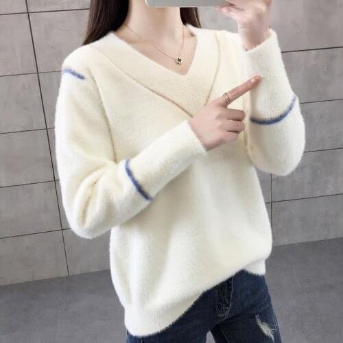 Winter Autumn Style Women Knitted Pullover Tops Lady Casual V-Neck Long Lantern Sleeve Sweater Pullover ZZ0951