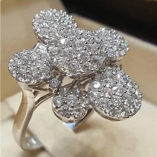 Luxury 925 Sterling Silver Wedding Engagement Rings for Women Brilliant White Zircon Stone Inlaid Flower Cocktail Banquet Ring