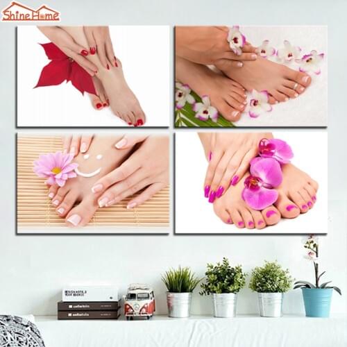 ShineHome-4 Pieces Canvas Modular Wall Painting Printing Yoga Spa Salon Nail Body Massage Art Picture Feets Hands Flowers Prints