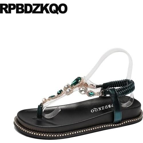 Rhinestone high quality women sandals flat casual genuine leather black jewel slip on shoes green diamond famous brand t strap