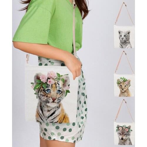 Floral Animal Tiger Deer Printing Shoulder Bag Women Canvas Crossbody Bags Popular Simple Female Daily Bag with Zipper Pocket