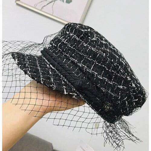 Women Classic Tweed Tartan Hat Veil Netting newsboy cap Flat top Black Military hat British Retro Artist Beanie Hat Cap