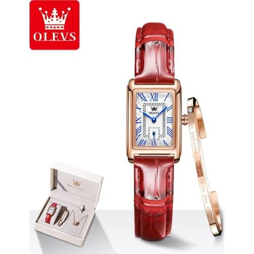 OLEVS Suit Rose Gold Bangle Luxury Watches Leather Retro Rectangle Ladies Quartz Wristwatches Fashion Casual Women Dress Watch