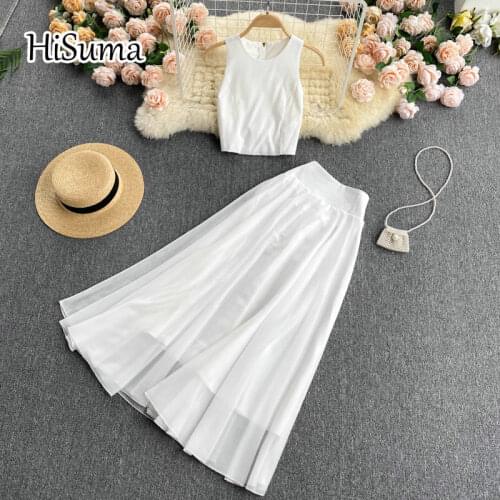 2021 summer new female O-neck pure white chiffon vest + simple high waist A-line skirt slim two-piece sets women suits