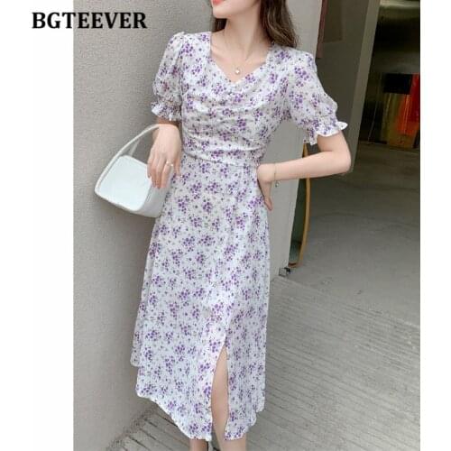 BGTEEVER Vintage Puff Short Sleeve Women Floral Chiffon Dress 2021 Summer Ladies V-neck Slim Waist Female Split A-line Dress