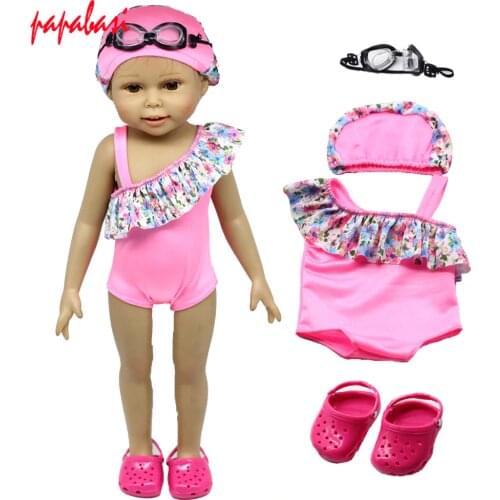 1set=swim dress + sandals + swimming goggles Fits 18" Girl dolls Clothes as for 43cm baby doll Christmas gift