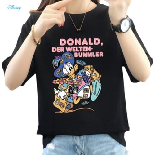 100% Cotton Disney Anime Donald Duck Goes on a Trip Funny Tshirts Cotton Women Summer 2021 Black White T-shirt for Lady Y2K Tops