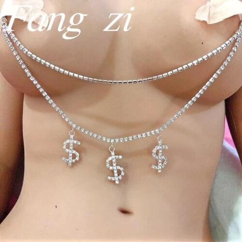 2021 fashion Rhinestone sexy womens double Nipple Ring statement jewelry body chain shiny crystal bikini body jewelry accessori