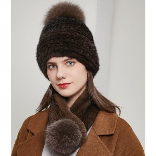 Womens mink fur hat knitting style real natural fur cap and fox plush pom-pom ear protection beanie hot-selling styleDY-03