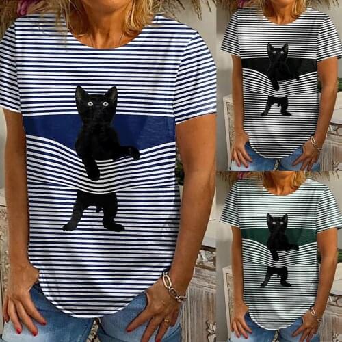 T-Shirts Women Casual Summer 3D Animal Print Short Sleeved T-shirt Fashion Stripe O-Neck Camisetas Verano Mujer Loose Tee Tops