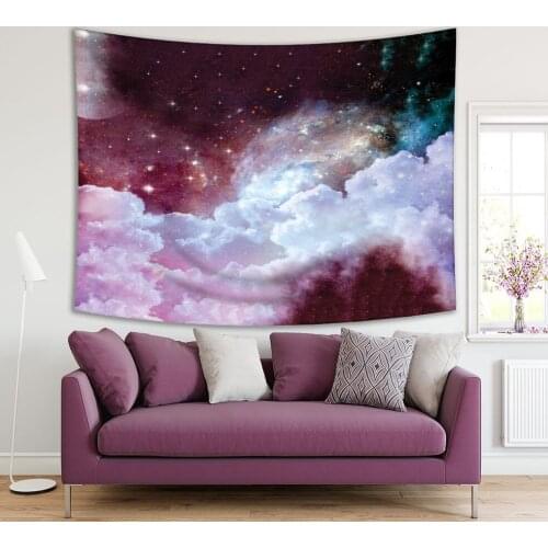 Tapestry Clouds Stars Moon Milky Way Galaxy Theme Dramatic Surreal Artwork Printed Burgundy White Blue