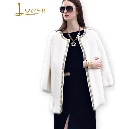 LVCHI Winter 2019 Import Real Mink Fur Coats Womens Coat Full Pelt Causal O-Neck Nine Quarter Crystal Pink Short Mink Fur Coats