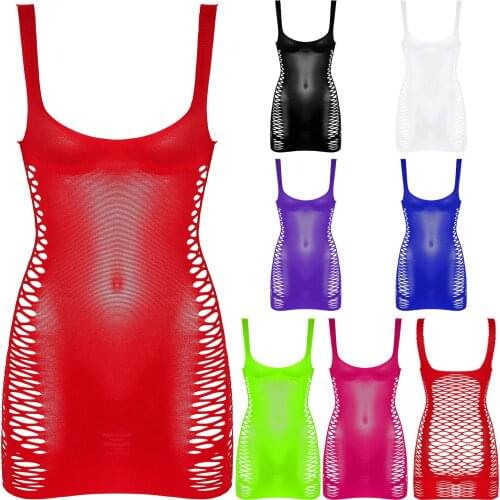 Fashion Bodycon Dress Women Summer Skinny Sexy Solid Hollow Out Mesh Sundress Minidress Sleepwear U Neck Sleeveless Nightwear