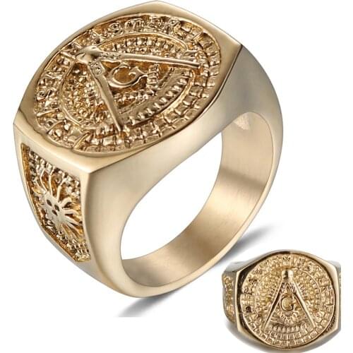 Men Vintage Gold Stainless Steel Letter Ring Carved Religion Symbol Freemasonry Male Big Finger Jewelry Dropshipping Wholesale