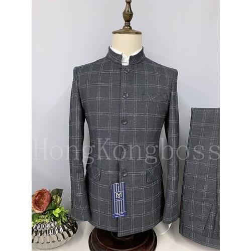 Mens Stand Collar Chinese Style Slim Fit Two Piece Suit Set / Male Zhong Shan Blazer Gray Slim set Jacket Coat Trousers 2 Pcs