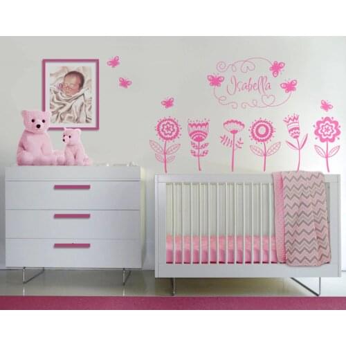 DIY Flowers Butterflies Wall Stickers Personalized Custom Name Vinyl Wall Decal Sticker For Nursery Girls Room Decoration ZA261