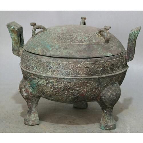 Song voge gem S2236 10" Ancient Chinese dynasty Bronze 3 Foot handle water food vessel Pot Jar Crock