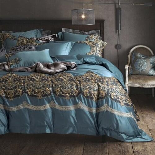 Luxury 100S Egyptian cotton Embroidered Bedding sets blue gold Lace Queen King Royal Duvet cover Bed sheet set Pillowcase 4/6pcs