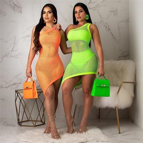 Sexy Women One Shoulder Crew Neck Fish Net Hollow Out Dress Beach Cover-Ups Summer Female Bikini Cover Up Mini Dresses Clothing