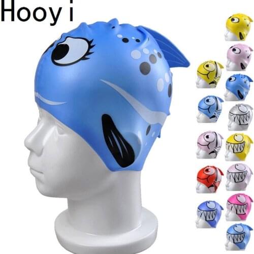 Hooyi Children Swimming Cap Silica Gel Fish Costumes Shark Animal Shape Baby Boys Bathing Hat Stretch Girls Swim Wear Cartoon