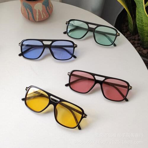 Oversized Rectangle Sunglasses Men 2021 Double Bridge Brand Design Blue Yellow Lens Tom Sun Glassses Shades for Women UV400 S466