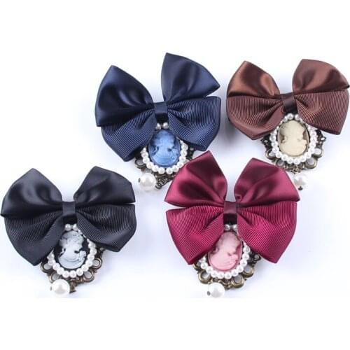 Vintage Fabric Ribbon Bowknot Beauty Head Cameo Simulated-pearl Elegant Lady Cloth Shirt Corsage Neck Ties Wedding Party Costume