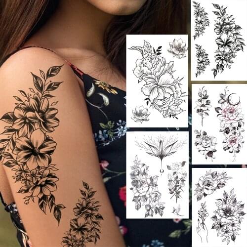 Black Lily Flower Temporary Tattoos For Women Girl Fake Lotus Rose Peony Tattoo Sticker Transferable Big Arm Tatoo Sexy Blossom
