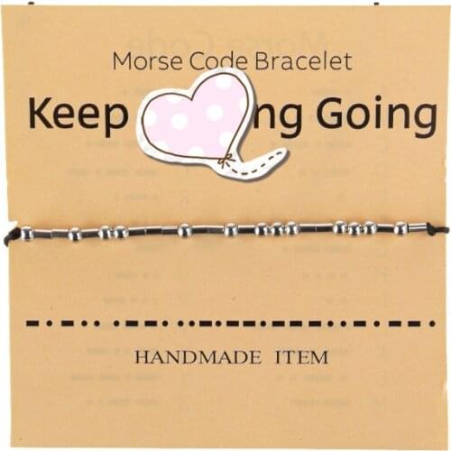 Women Men Adjustable Morse Code Bracelet Handmade Beige Bead Braided Black Rope Bracelet Couple Jewelry