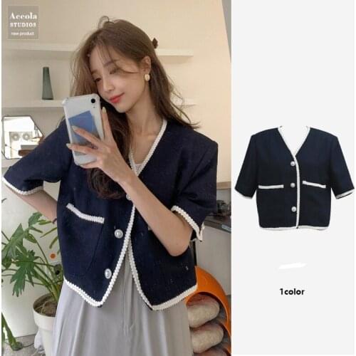 2021 Fashion NEW French Chic Maiden Crop Top Vintage Elegant V-neck Knitted Sweater Stitching Short Sleeve T-shirt Tops Women