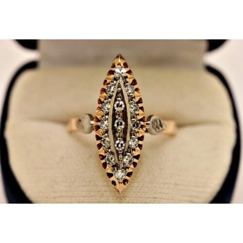 ANTIQUE NAVETTE ORIGINAL RUSSIAN 14K GOLD NATURAL DIAMOND DECORATED PRETTY RING