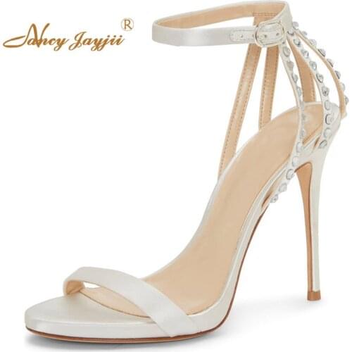 White&Black Crystal Wedding Shoes 2019 High Thin Heels Sandals Woman Buckle Strap Open Toe Large Size 11 12 Elegant Sexy Fashion