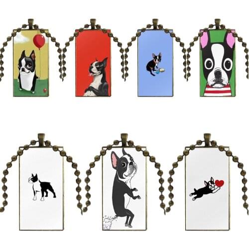 For Kids Beads Glass Cabochon Pendant Necklace Rectangle Fashion Necklace Funny Boston Terrier Suitable