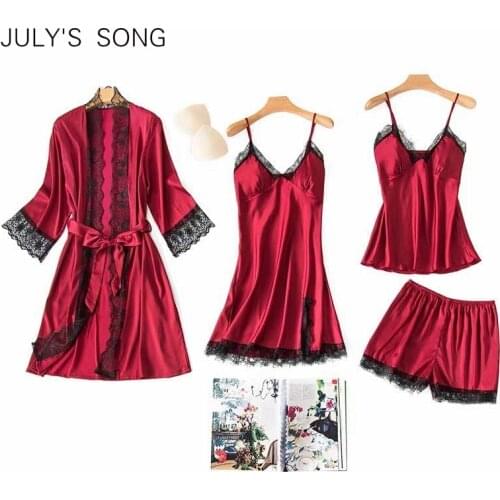 JULYS SONG Fashion Spring Stain Pyjama 4 Pieces Faux Silk Pajamas Set Women Sexy Lace Simple Sling Shorts Summer Robe Sleepwear