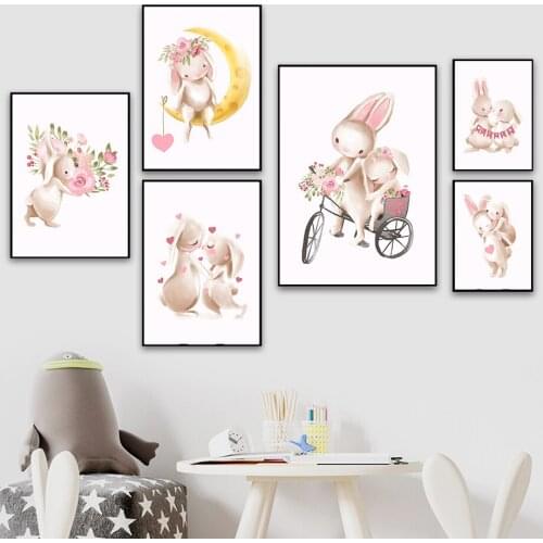 Rabbit Rose Flower Heart Moon Cartoon Wall Art Canvas Painting Nordic Posters And Prints Wall Pictures Kids Room Nursery Decor
