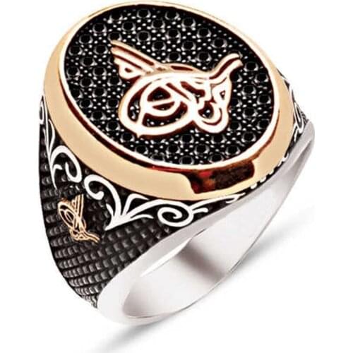 Silver Black Zircon Over Ottoman Monogram Engraved Mens ring