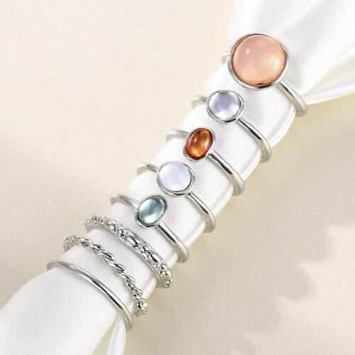8pcs Rings Set Bohemian Metal Round Ring Set With Colored Gemstones Rings Set For Women