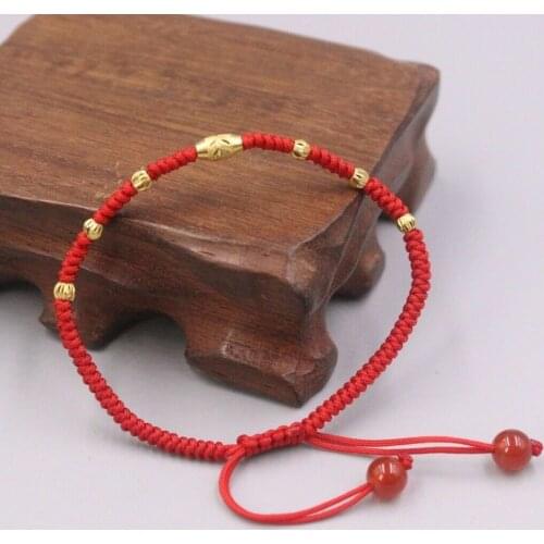 Genuine 24K Yellow Gold Oval Bead with 6 Faceted Beads Red Cord Bracelet Length from 5" to 15"