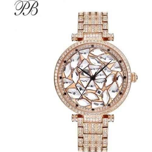 PB Watches Women Bling Crystal Dial Rose Gold Watch Women Chain Strap Waterproof Quartz Luxury Reloj Mujer