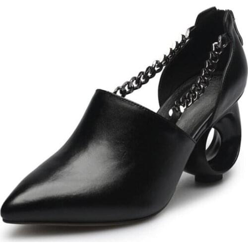 Stylish Spring Women Shoes Strange Style Metal Chain Decor Circle Heel Side Cut Out Black Leather Pumps Zipper Shoes