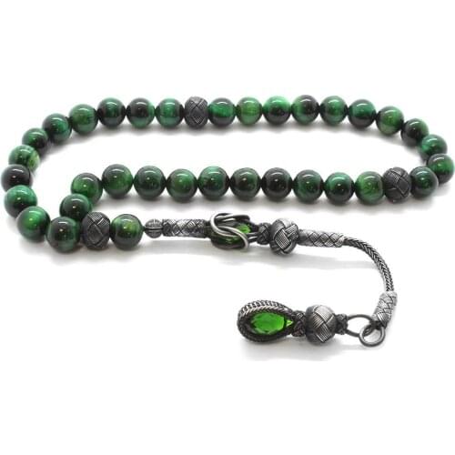 Tesbihane 1000 Sterling Silver Kazaz Tassels Sphere Cut Green Tiger 'S Eye Natural Stone Rosary