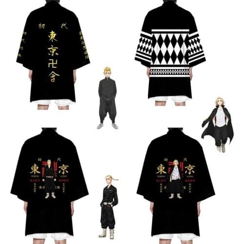 Tokyo Revengers Cosplay Cloak Anime Black White Top for Summer Hanagaki Takemichi Ken Ryuguji Haori Kimono Tee Men Short-sleeve