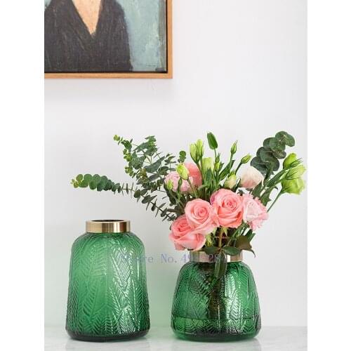 Green Transparent glass Carved leaves Flower vase Nordic Gold Hydroponics Home decoration Flower arrangement accessories
