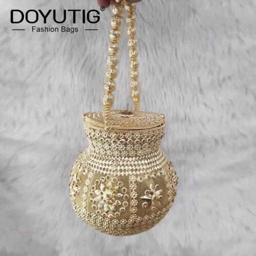 DOYUTIG Bright Gold Womens Handmade Evening Handbag For Wedding Indian Design Metal Bucket Bag For Party Lady Clutches J008