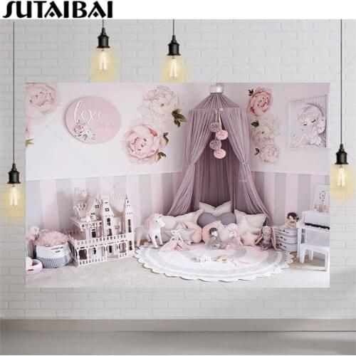 Princess House Backdrops Pink Flowers Castle Curtain Baby Girl Portrait Photography Background Photo Studio Props Decor