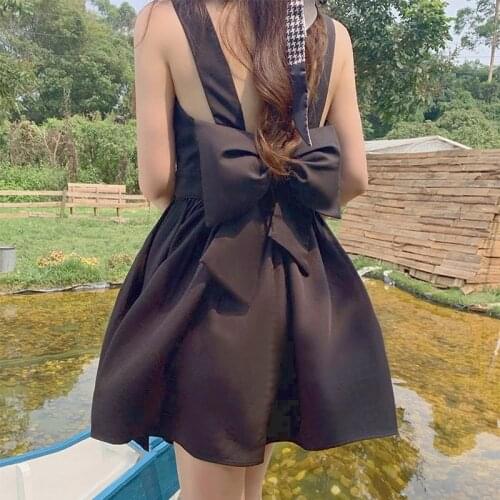 2021 Summer Sexy Tank Dress Women for Party Backless Bowknot Black Hepburn Mini Dresses Sleeveless Korean Vintage Sweet Sundress