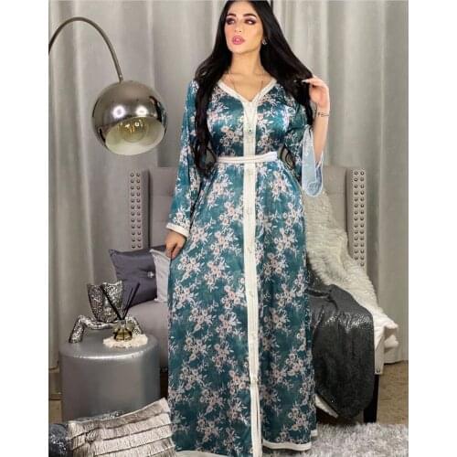Abayas Women Turkish Floral Print Lace-up Muslim Dress Ramadan Islamic Clothing Kuftan Dubai Long Robe Big Swing Hijab Dresses