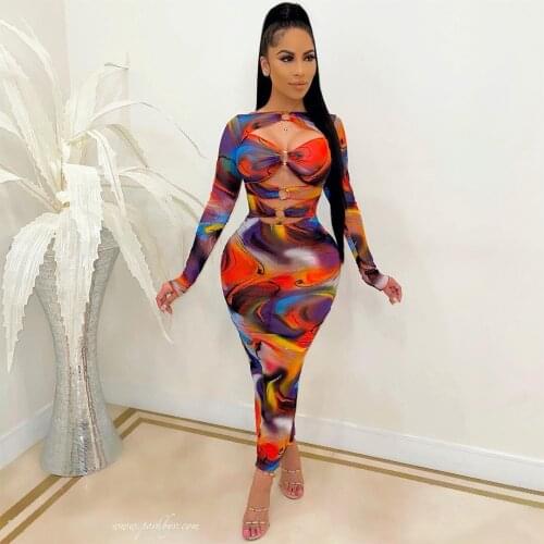 2021 Ins Internet Celebrity Famous Women Dress Tie Dye Longsleeve Tights Suit