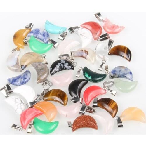 12 PCS Wholesale Stone Pendant Moon Shape Pendants Opal/Malachite Charms for Necklaces Jewelry Making 28*12 mm